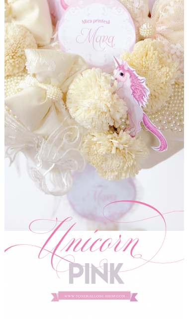 Lumanare de botez pentru fetite cu unicorni, perle si dantele, Pink Lady Unicorn 5